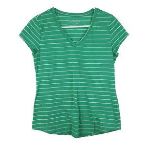 Maison Jules Cap Sleeve V-Neck T-Shirt Striped Green & White Women's Size Small